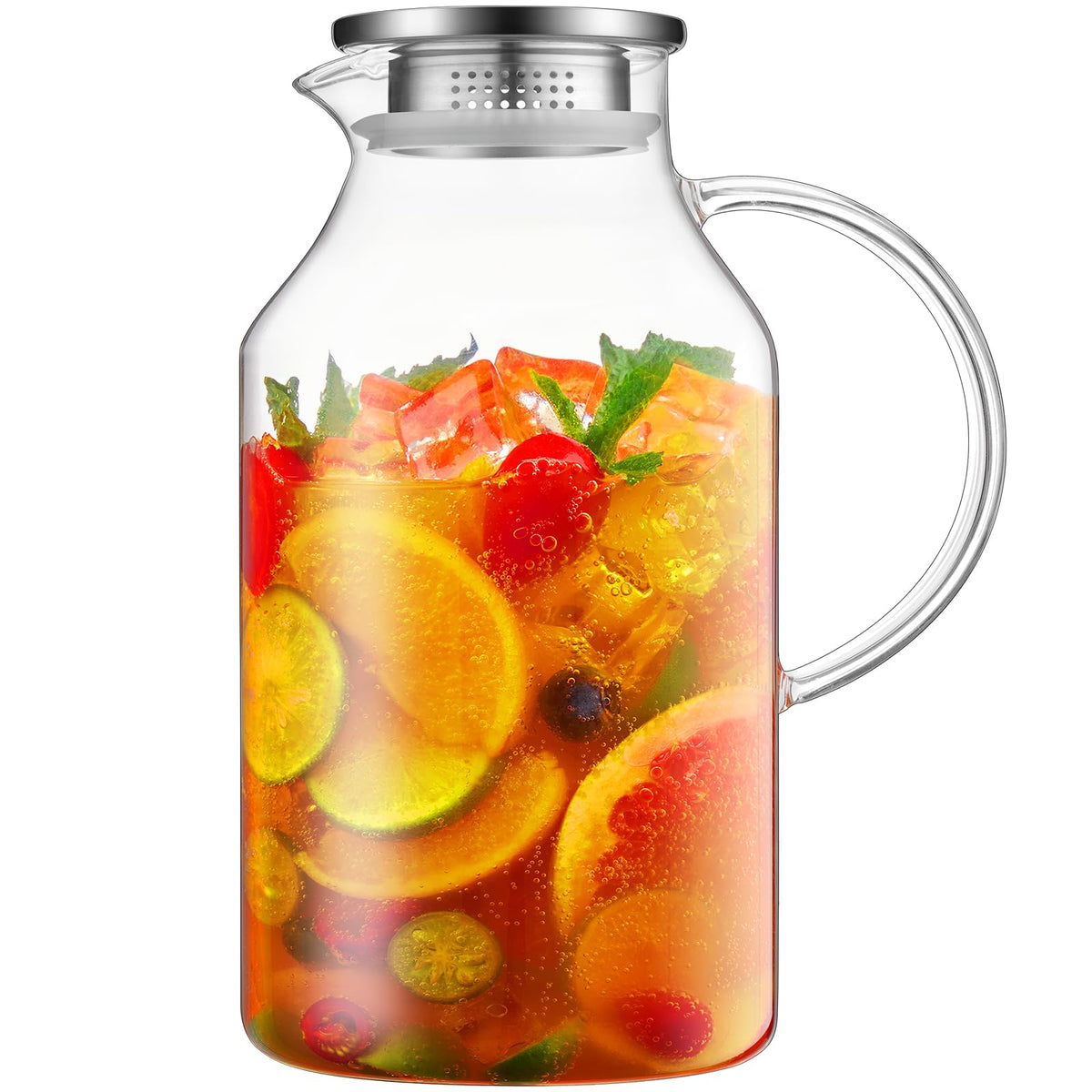Bivvclaz 2 Liter 68 oz Glass Pitcher with Lid and Handle, Glass Carafe for Hot/Cold Water, Large Iced Tea Pitcher for Coffee, Juice and Homemade Beverage