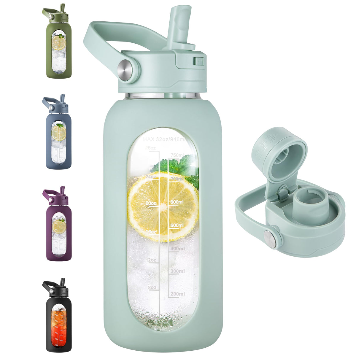 CIVAGO 64 oz Glass Water Bottle Jug with Detachable Straw and Time Maker