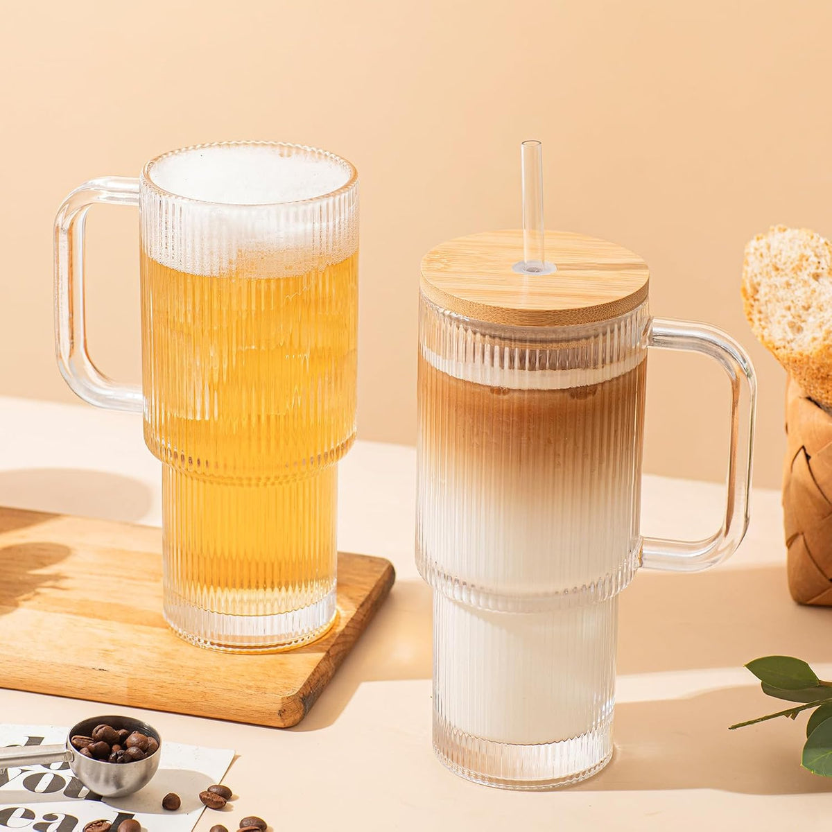 SoulTimes 24oz Ribbed Glass Tumbler with Handle and Bamboo Lid, Set of 2 Glass Cups with Lids and Straws for Coffee, Tea, Juice and Smoothies, Reusable Iced Coffee Cups Includes 2 Sealed Plastic Lids