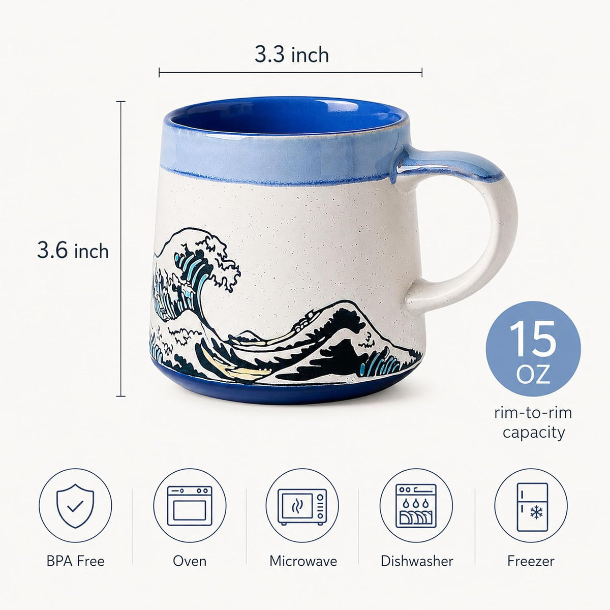 BICETTO Japanese Coffee Mug, Ukiyo-e Great Wave, Handmade 15oz Ceramic Cup