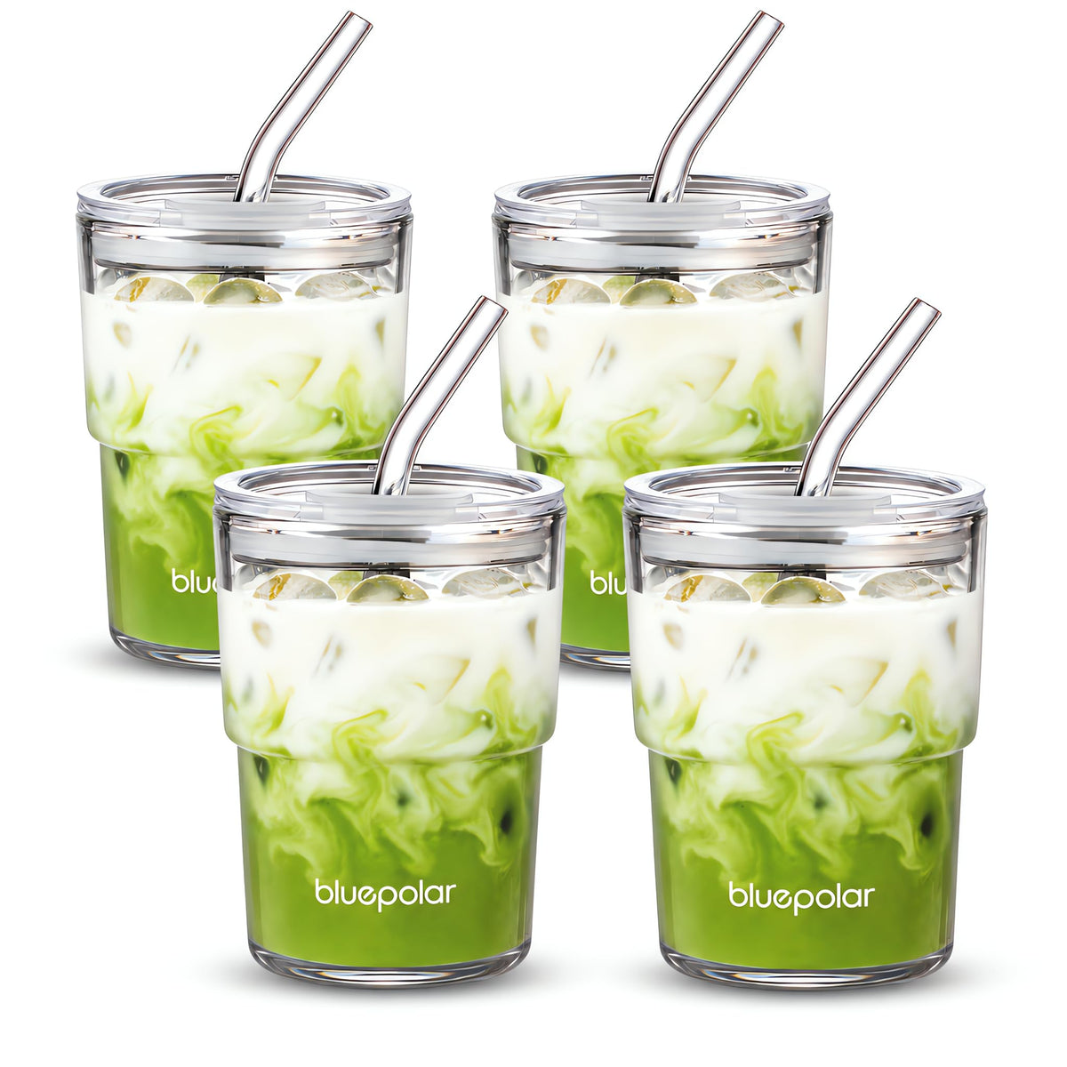BLUEPOLAR 13oz/400ml Iced Coffee Cups with Lids and Straw，Sealed Carry On Thick Wall Glass Matcha Tumbler for Juice，Water, Late,Tea Fits Car Cup Holders for Office，Gym(Aurora White
