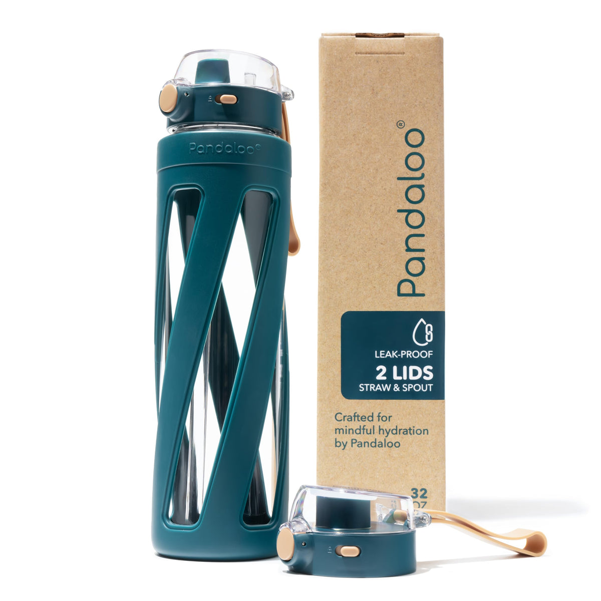 Pandaloo® Orbit 32 oz Glass Water Bottle with 2 Leak-Proof Lids (Straw & Spout), Wide Mouth, Borosilicate Glass, BPA-Free, Cup Holder Friendly for Gym, Work, Travel & Daily Hydration - Sage