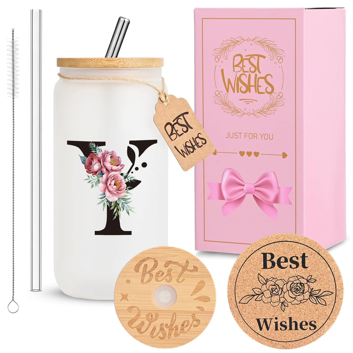 16oz Monogrammed Glass Tumbler, Frosted with Lid and Straw, Initial F