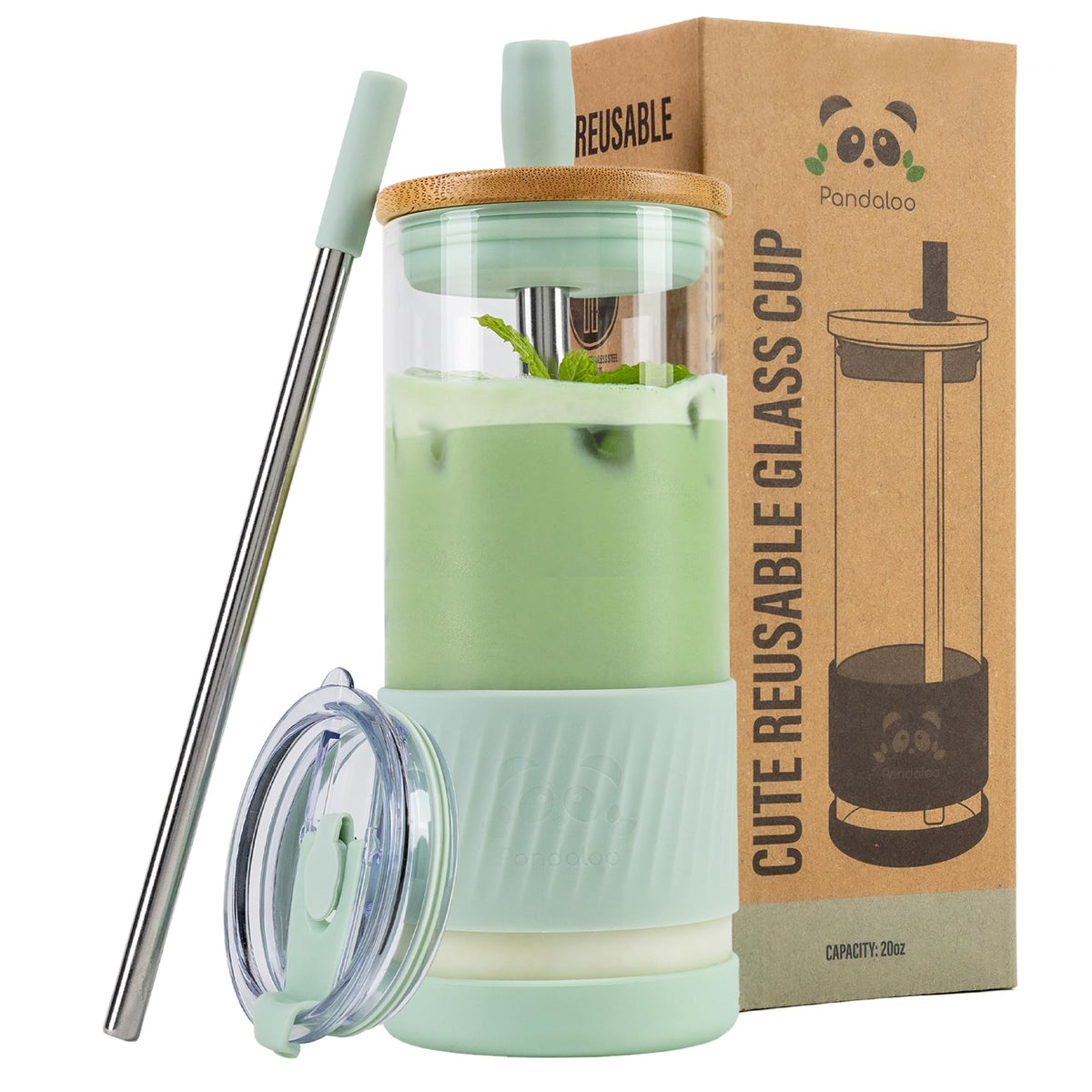 Pandaloo® Glass Cups With Lids and Straws -20 Fl Oz- Perfect Size Iced Coffee Cup - Smoothie Cup With Bamboo Lid and On the go Lid (Creamy Mushroom, 1 Count (Pack of 1)