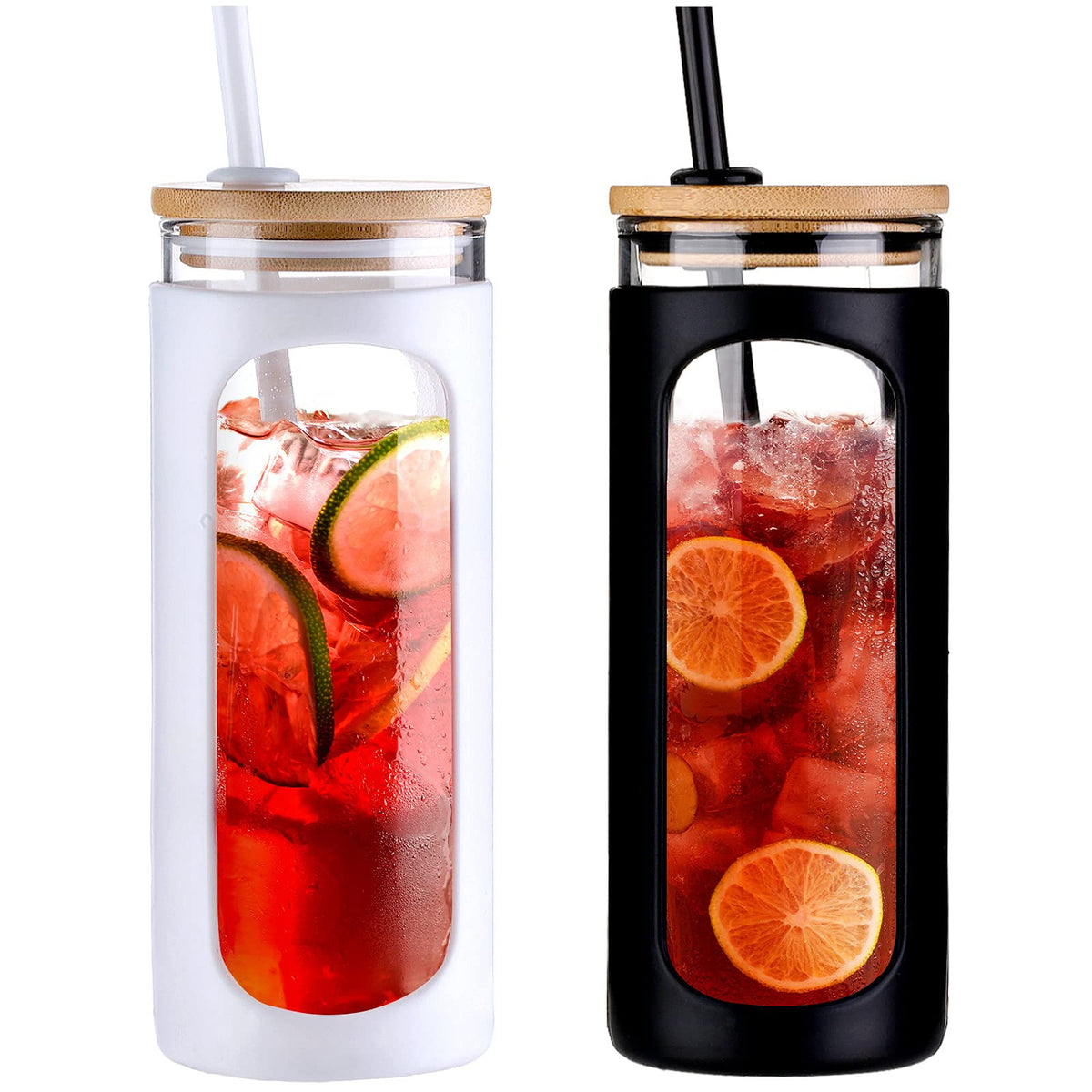 Kodrine 20oz Glass Water Tumbler with Straw and Lid, Bamboo Lids Water Bottle, Iced Coffee Cup Reusable, Wide Mouth Smoothie Cups with Protective Silicone Sleeve BPA FREE-Amber