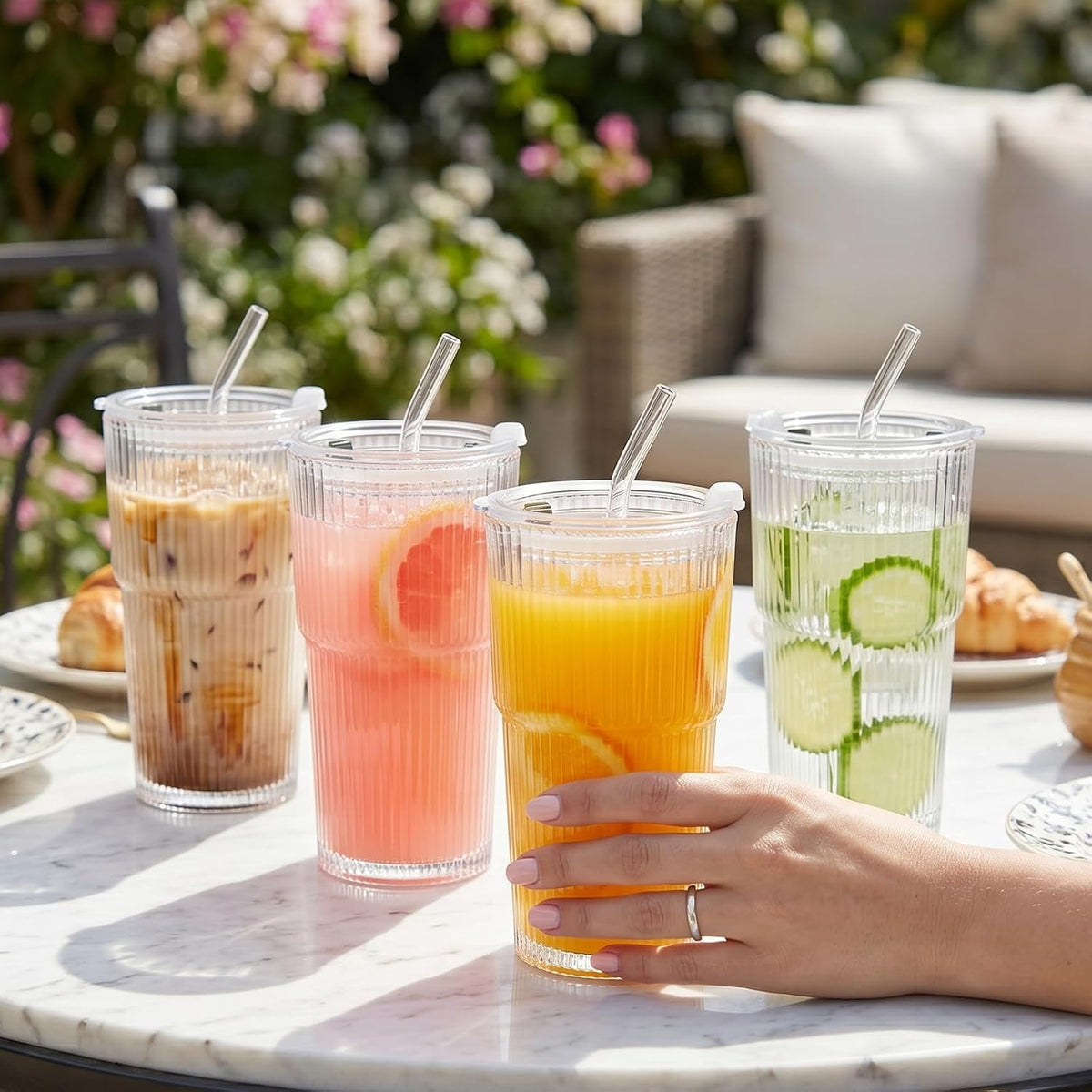 Wells 20oz Glass Cups with Lids and Straws, Ribbed Iced Coffee Cups, Thickened Drinking Glass Tumbler, Ideal for Coffee, Smoothies, Cocktails, and Juices, Clear, Set of 4