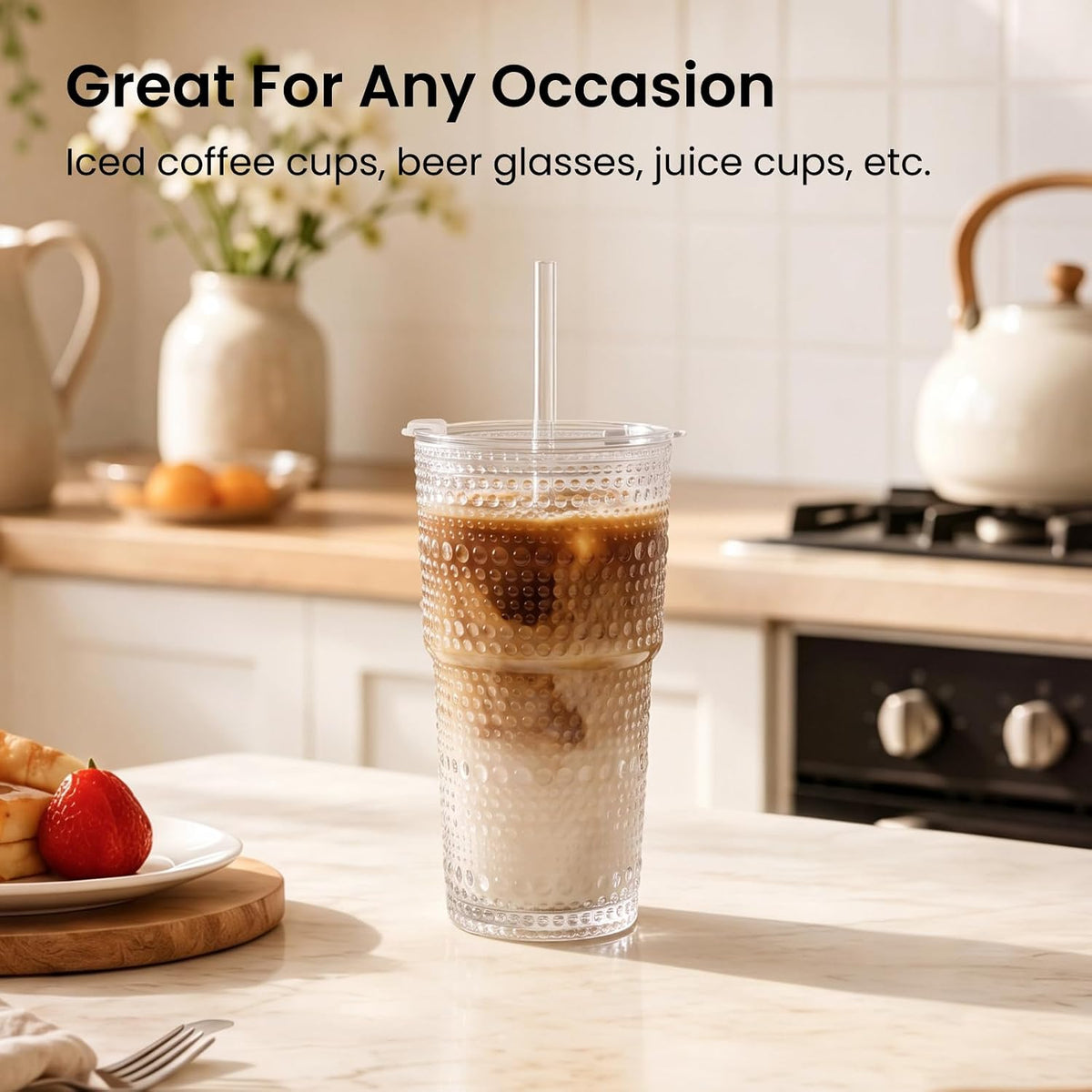 INSETLAN 20 oz Hobnail Glass Cups with Lids and Glass Straws – 4 Pieces, Thick-Walled Glass Tumblers for Iced Coffee, Smoothies, Milk, Water, Juice, and More – Elegant and Durable Drinking Glasses