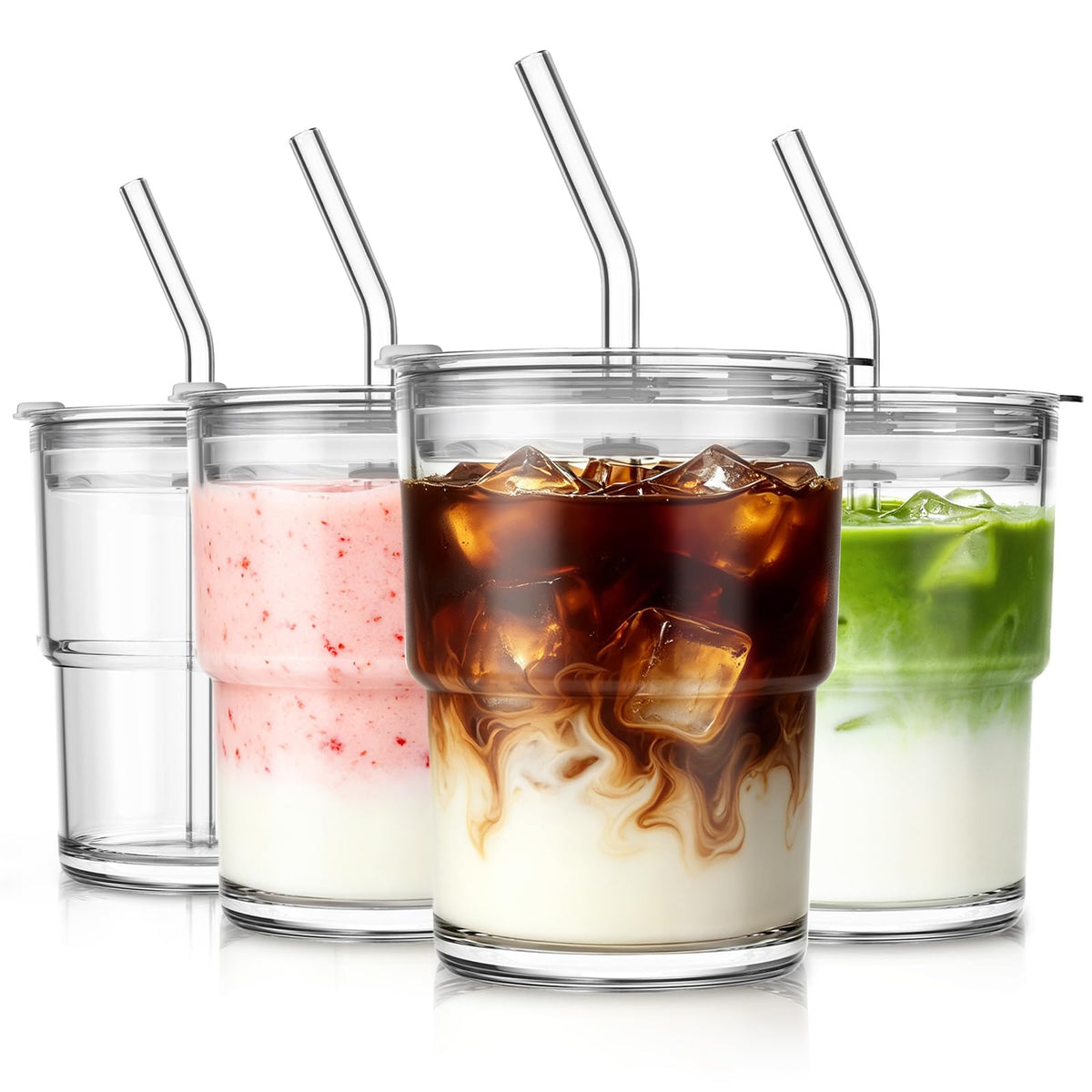 SoulTimes 13oz Clear Glass Tumbler with Lid and Straw – Iced Coffee Glasses Cups for Smoothie, Matcha, Juice, Water etc. Leakproof and Reusable Glassware Drinking for Travel To Go [2Pcs]