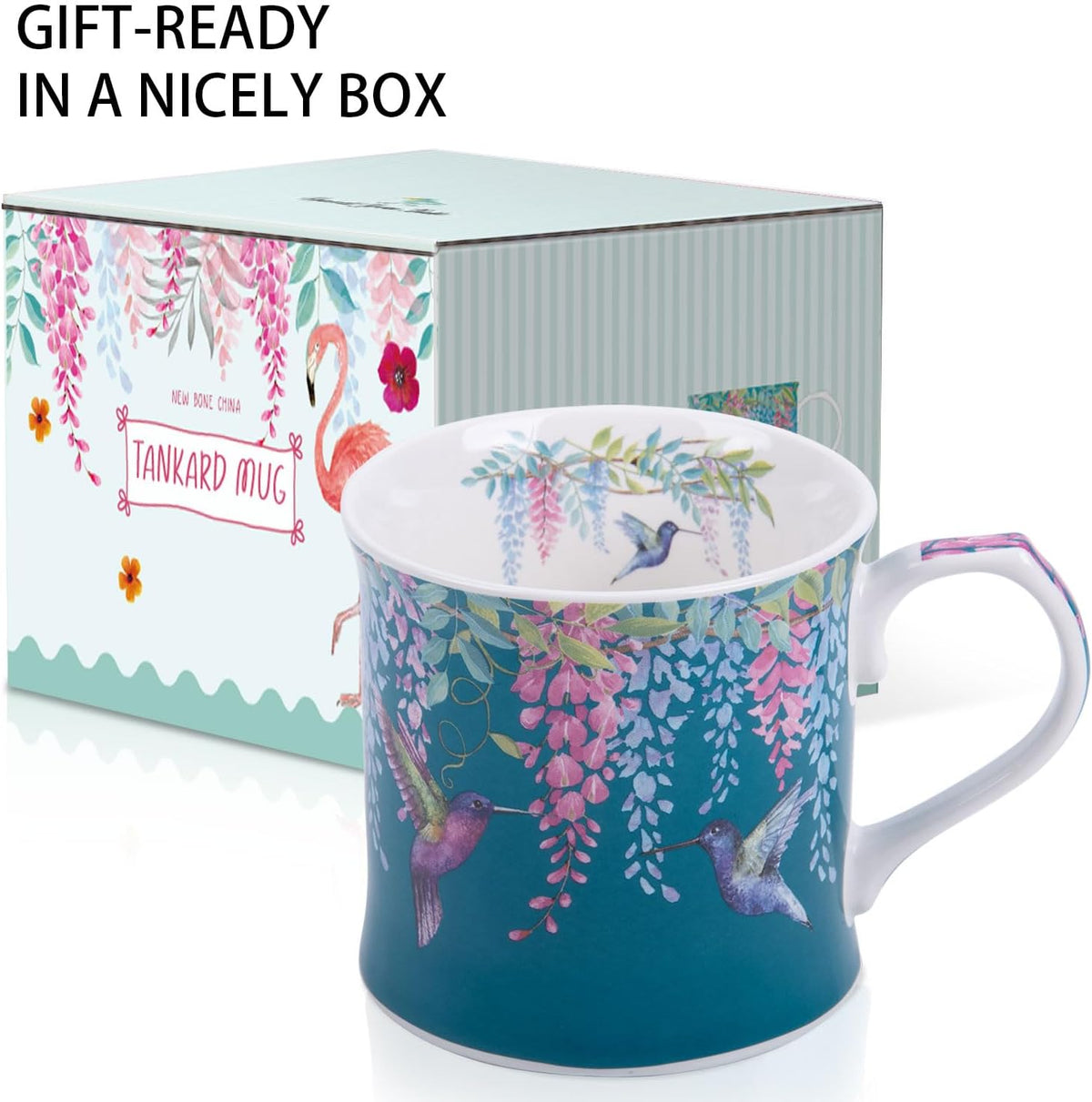 Spring Hummingbird Floral Coffee Mug, 12oz Dark Teal Ceramic Mug with Wisteria and Fluttering Hummingbird, Elegant Gift Mug for Mom, Women & Bird Lovers, Designed in England by Harvest Green Studio