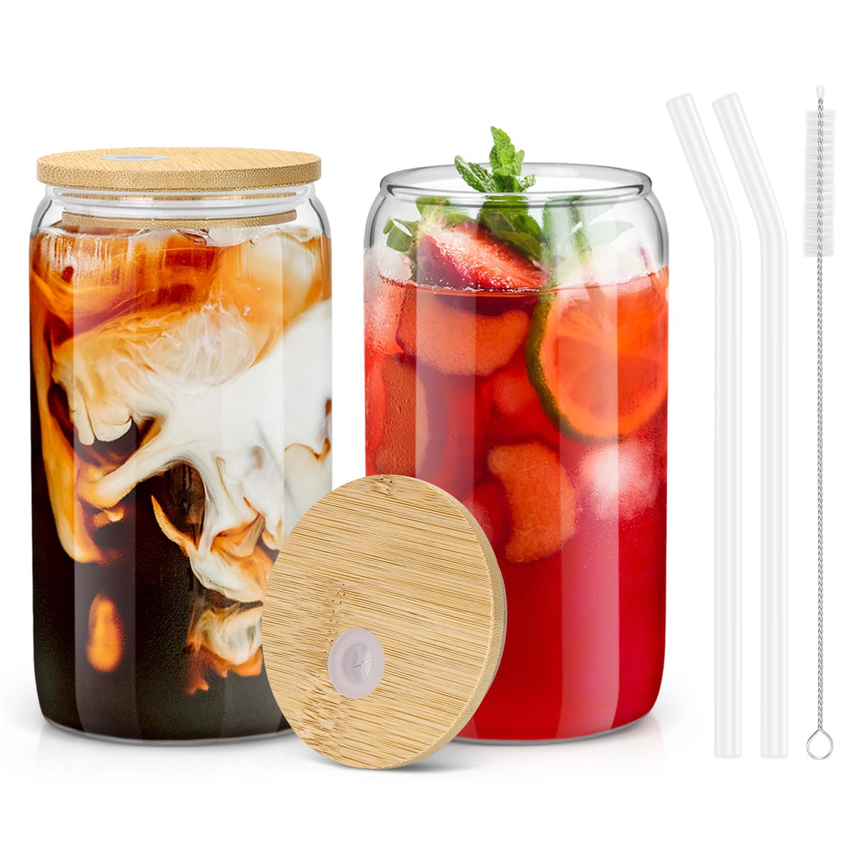 Glass Cups with Lids and Straws - 16 oz Glass Drinking Cups Set for Coffee