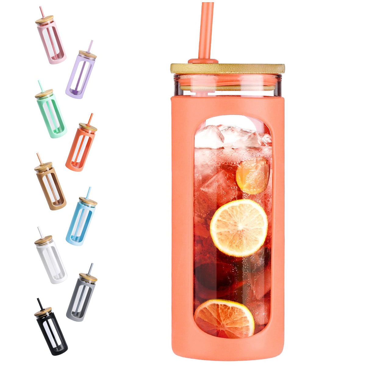 Kodrine 20oz Glass Water Tumbler with Straw and Lid, Bamboo Lids Water Bottle, Iced Coffee Cup Reusable, Wide Mouth Smoothie Cups with Protective Silicone Sleeve BPA FREE-Amber