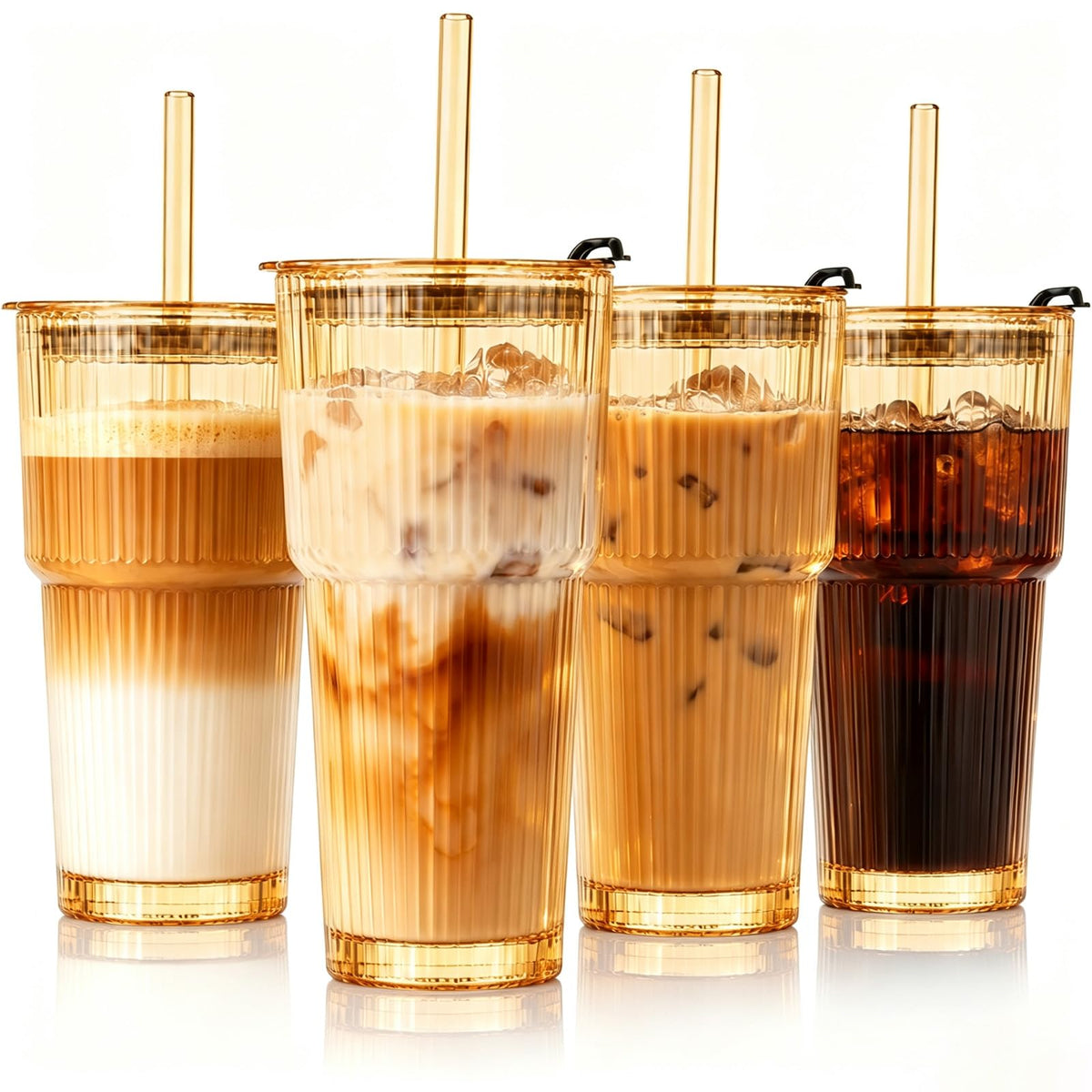 20oz Iced Coffee Cup, Ribbed Glass Tumbler with Straw and Lid