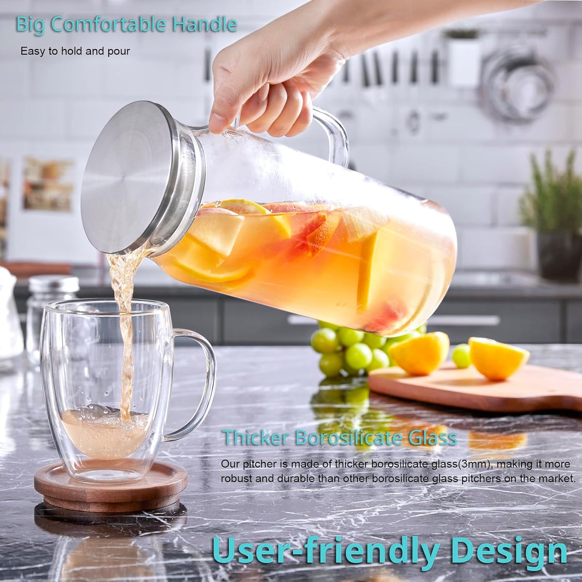 Bivvclaz 2 Liter 68 oz Glass Pitcher with Lid and Handle, Glass Carafe for Hot/Cold Water, Large Iced Tea Pitcher for Coffee, Juice and Homemade Beverage