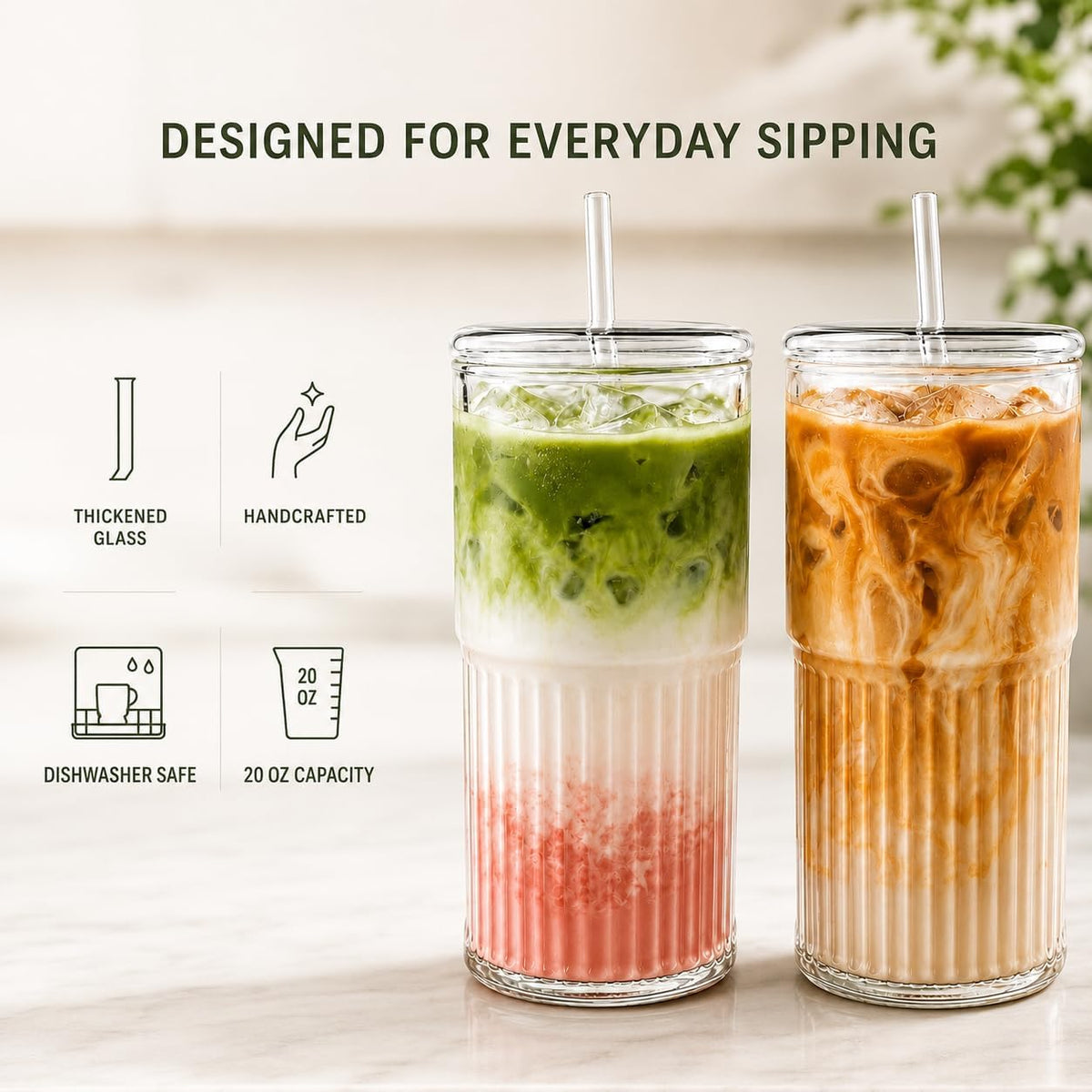 Luiaiog 20 oz Glass Cups with Lids and Straws Set of 2, Ribbed Glass Coffee Cups for Iced Coffee, Matcha, Cold Brew, Smoothie, Boba, Reusable Clear Glass Tumbler with Cleaning Brush