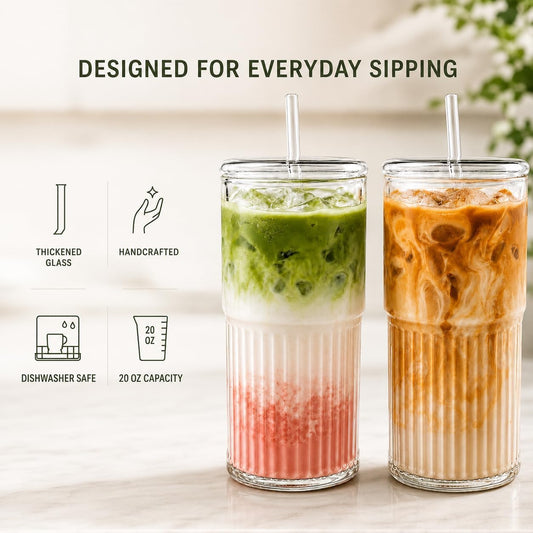 Luiaiog 20 oz Glass Cups with Lids and Straws Set of 2, Ribbed Glass Coffee Cups for Iced Coffee, Matcha, Cold Brew, Smoothie, Boba, Reusable Clear Glass Tumbler with Cleaning Brush