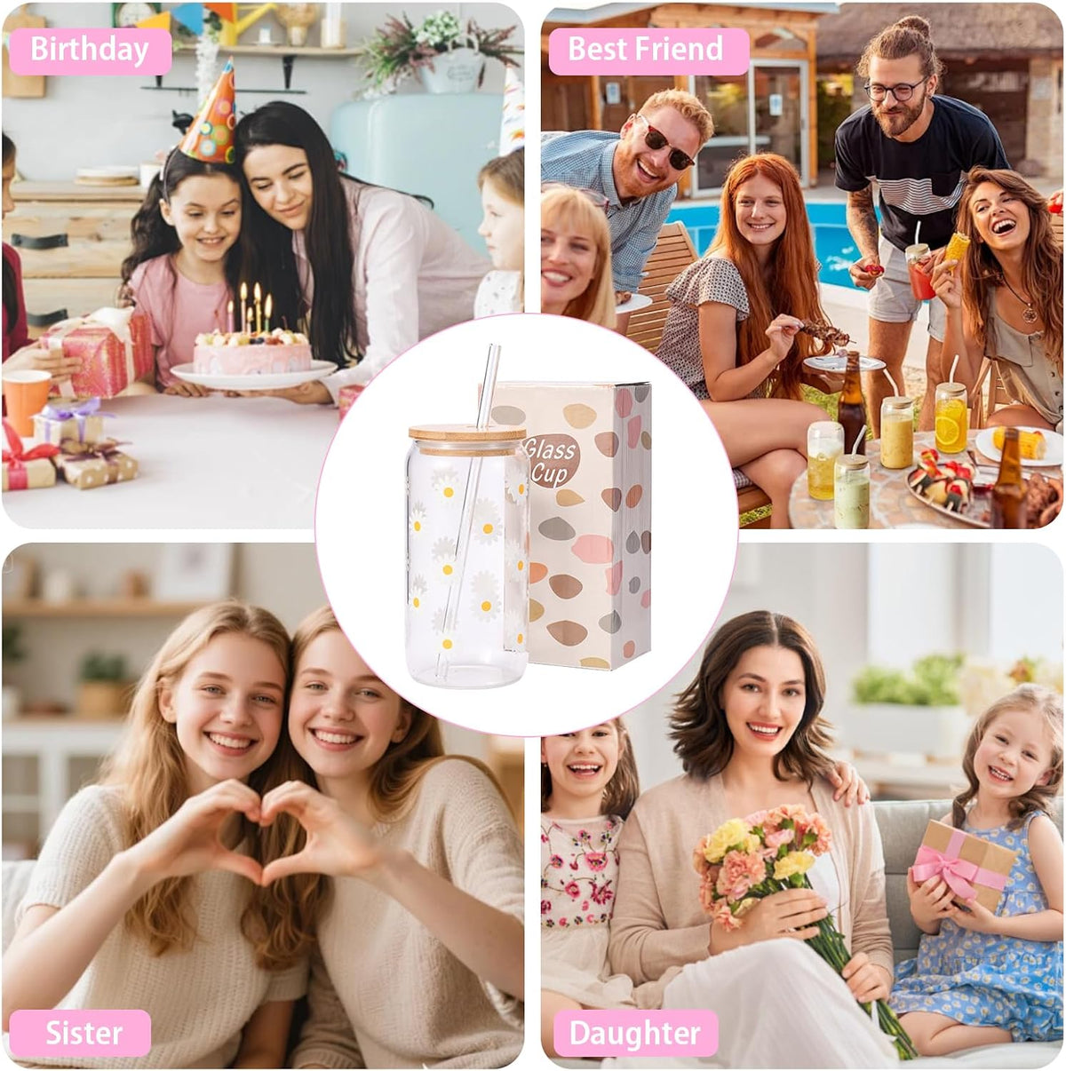 ANABIUP Cute Glass Cups with Lids and Straws, Daisy Flower Iced Coffee Smoothie Matcha Cup Tumbler Birthday Gifts for Women Sister Friend Her Preppy Teenage Girls Teen Girl Gifts Trendy Stuff Things