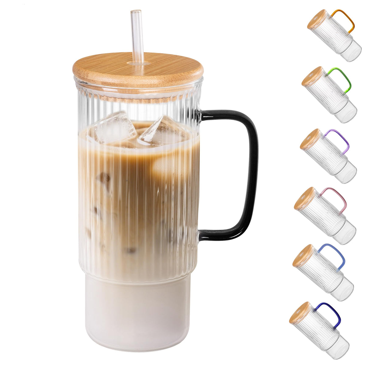 32oz Ribbed Glass Cup with Handle Bamboo Lid and Straw, Glass Tumbler, Iced Coffee Cups Hot/Cold Drinks