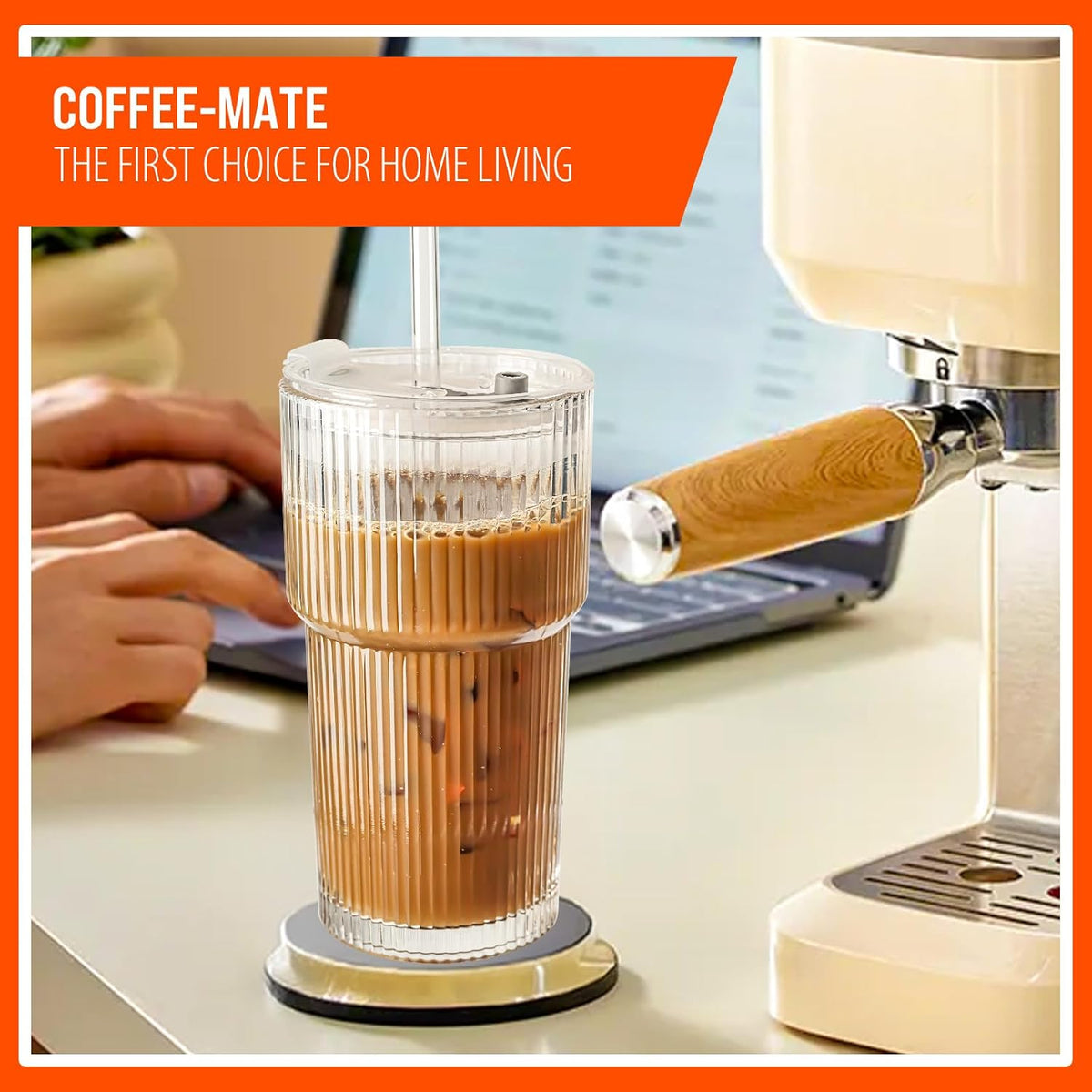 SUROQUE 20oz Ribbed Glass Tumblers with Lids & Straws, Ideal for Iced Coffee, Cocktails & More - Includes Cleaning Brush