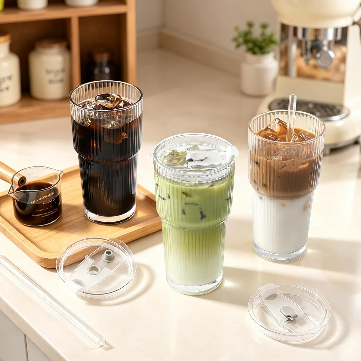 Iced Coffee Cups with Lids,Glass Cups with Lids and Straws,3 Coffee Tumbler