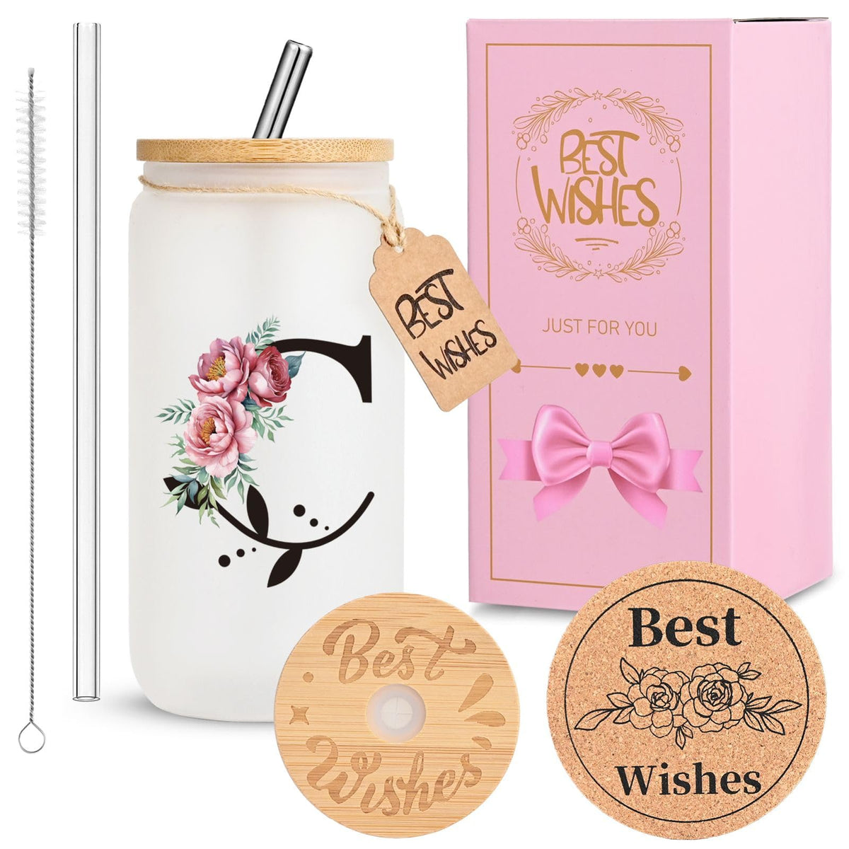 16oz Monogrammed Glass Tumbler, Frosted with Lid and Straw, Initial F