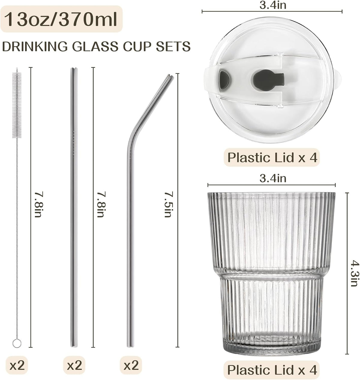 13oz Iced Coffee Cups,2Pcs Glass Cups with Lids and Straws Drinking Glasses,Clear Ribbed Glassware,Reusable Tumbler Glass to Go Cup for Matcha, Iced Tea,Juice