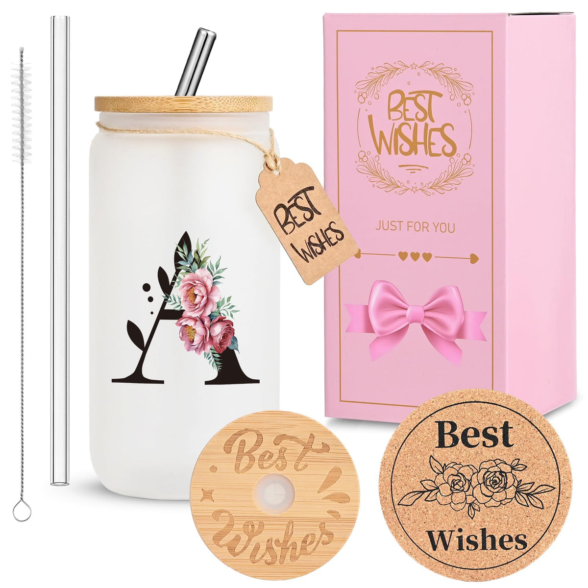 16oz Monogrammed Glass Tumbler, Frosted with Lid and Straw, Initial F