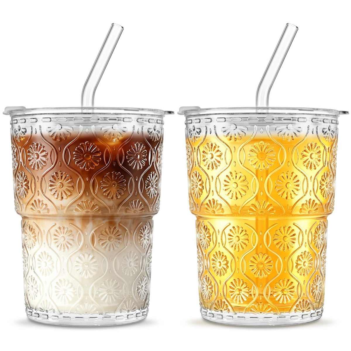 INSETLAN 20 oz Iced Coffee Cups with Lids and Straw, Set of 4 Glass Tumbler
