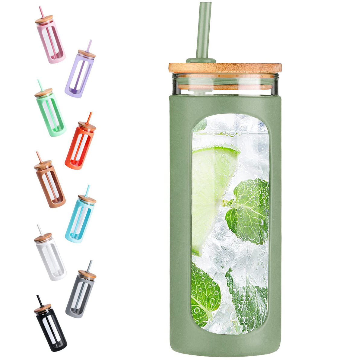 Kodrine 20oz Glass Water Tumbler with Straw and Lid, Bamboo Lids Water Bottle, Iced Coffee Cup Reusable, Wide Mouth Smoothie Cups with Protective Silicone Sleeve BPA FREE-Amber