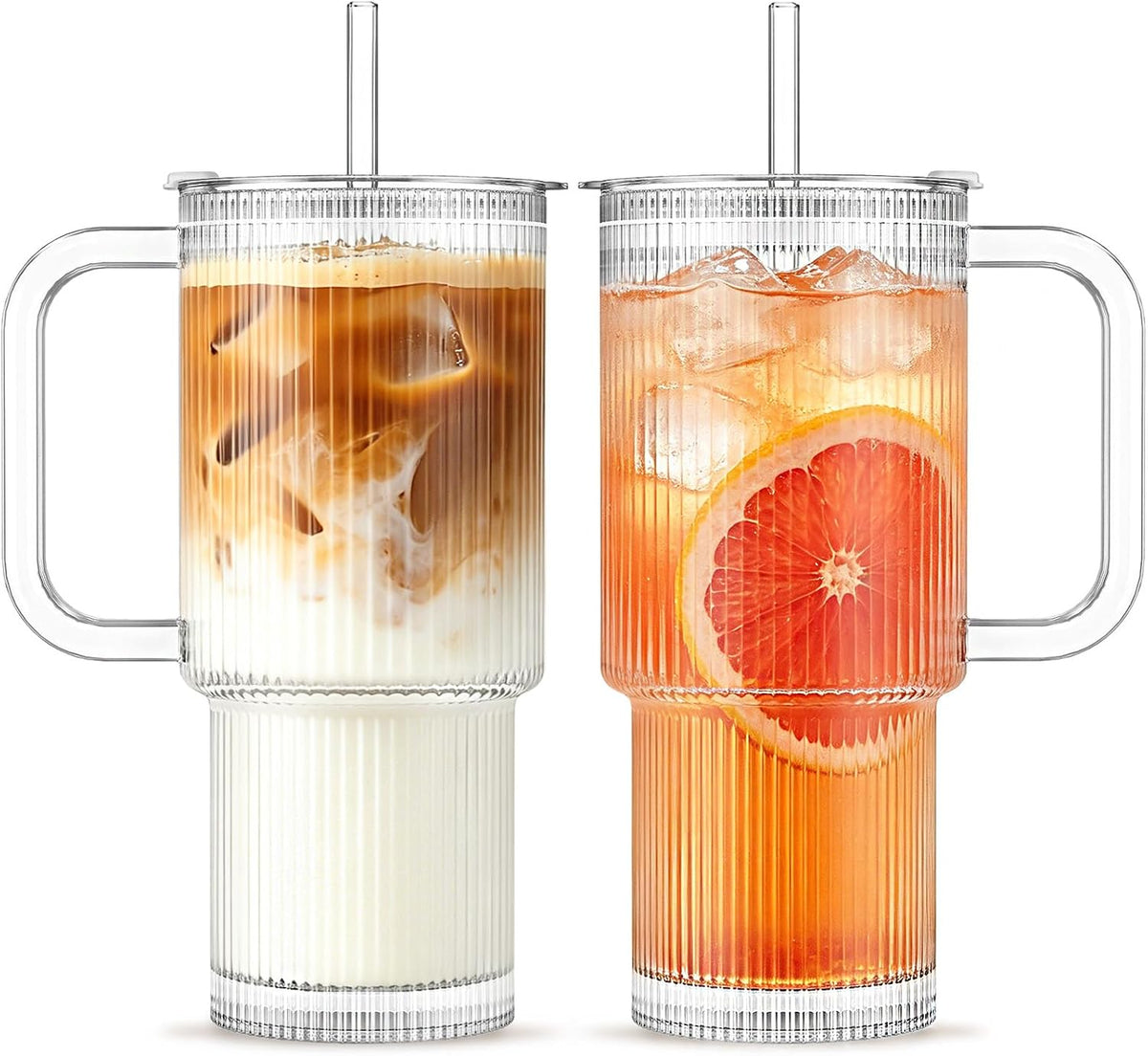 INSETLAN 24 oz Ribbed Glass Tumbler with Handle, 2-Pack Iced Coffee Cups