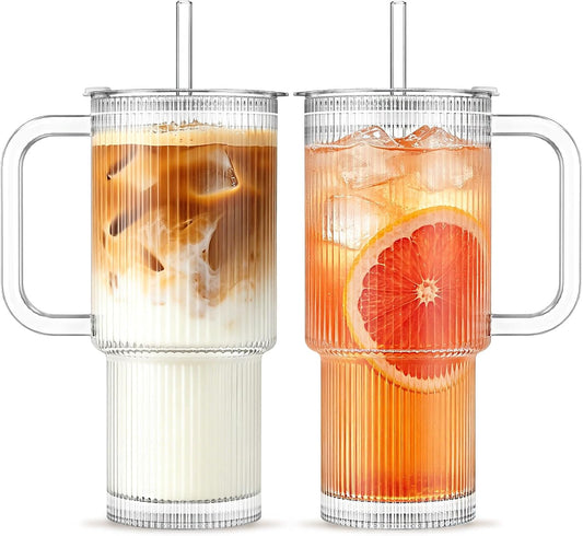 INSETLAN 24 oz Ribbed Glass Tumbler with Handle, 2-Pack Iced Coffee Cups