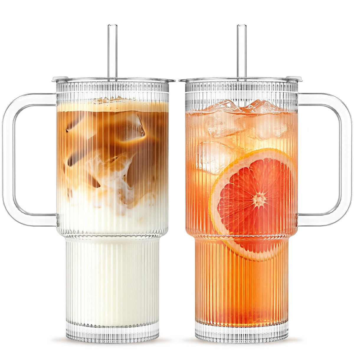 INSETLAN 24 oz Ribbed Glass Tumbler with Handle, 2-Pack Iced Coffee Cups