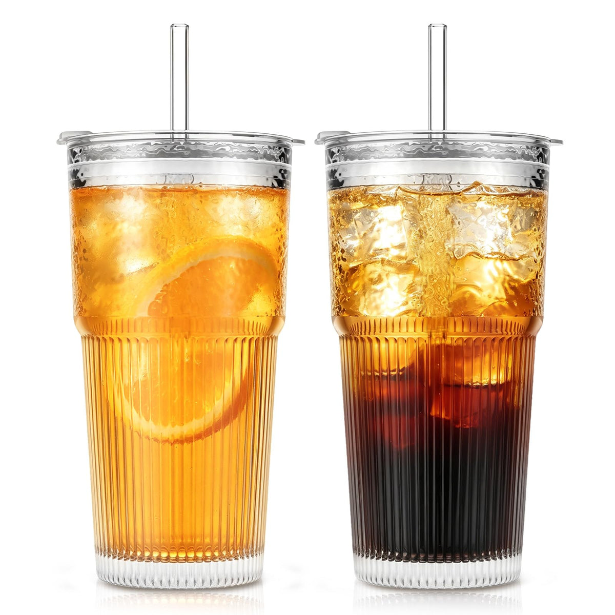 SoulTimes 20oz Ribbed & Floral Glass Tumbler with Lid and Straw – Iced Coffee Glasses Cups for Smoothie, Matcha, Juice, Water etc. Leakproof and Reusable Glassware Drinking for Travel To Go [2Pcs]