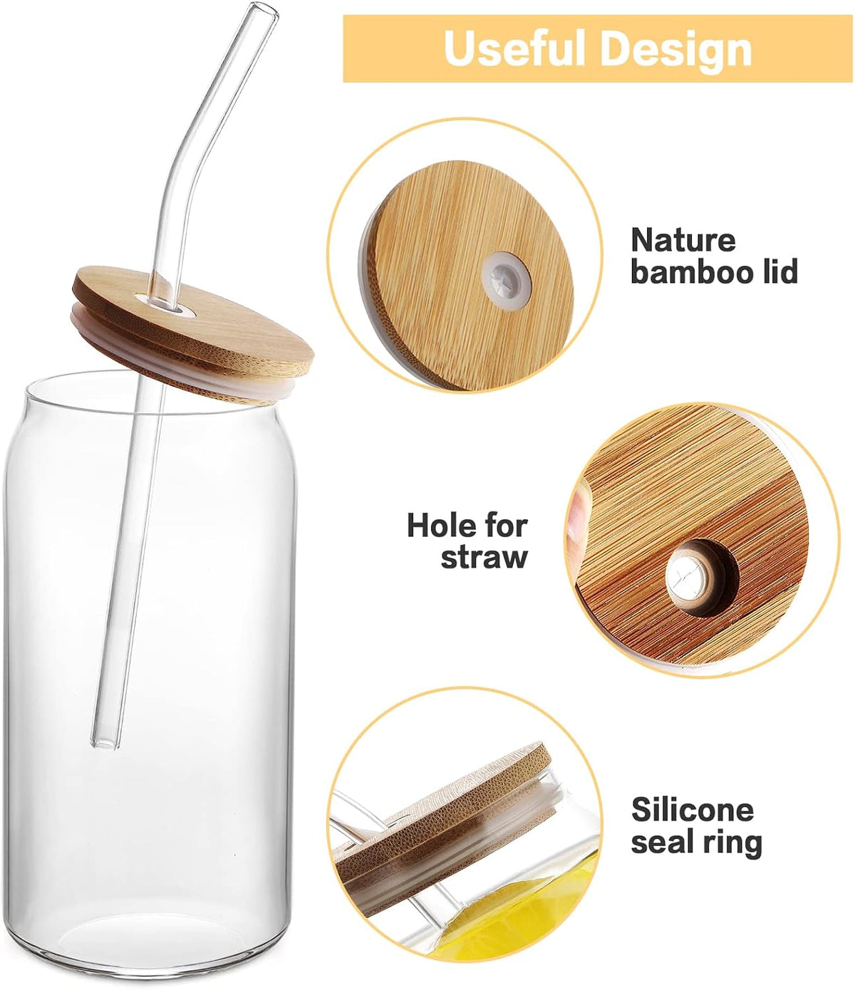 8pcs 20oz Glass Cups with Bamboo Lids and Straws，Iced Coffee Cups with Lids