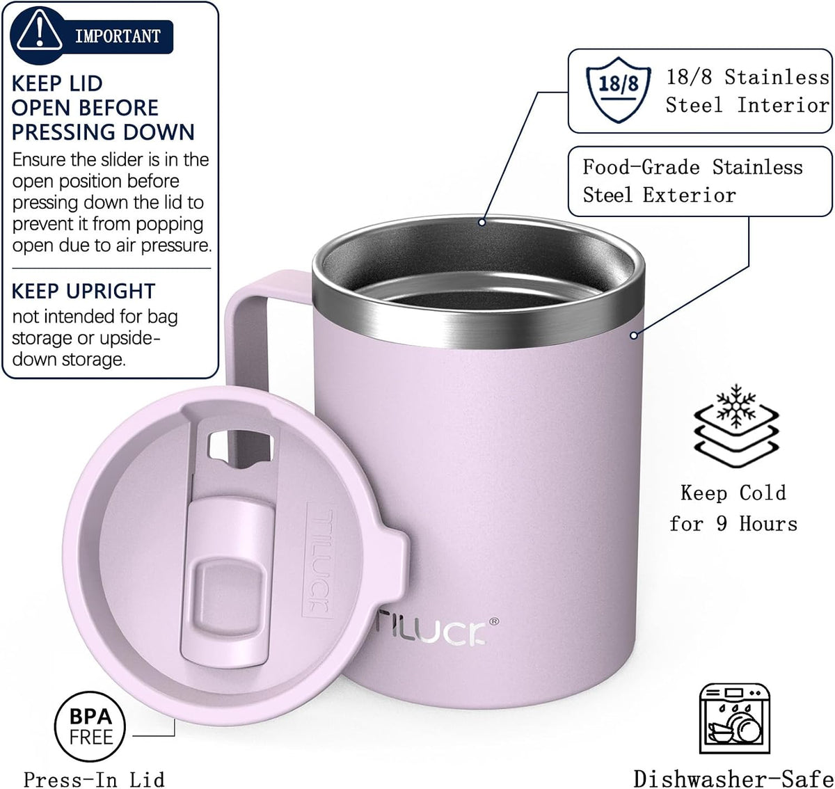 TILUCK 12 oz Insulated Coffee Mug with Lid and Handle