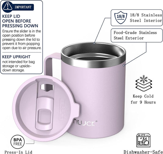 TILUCK 12 oz Insulated Coffee Mug with Lid and Handle