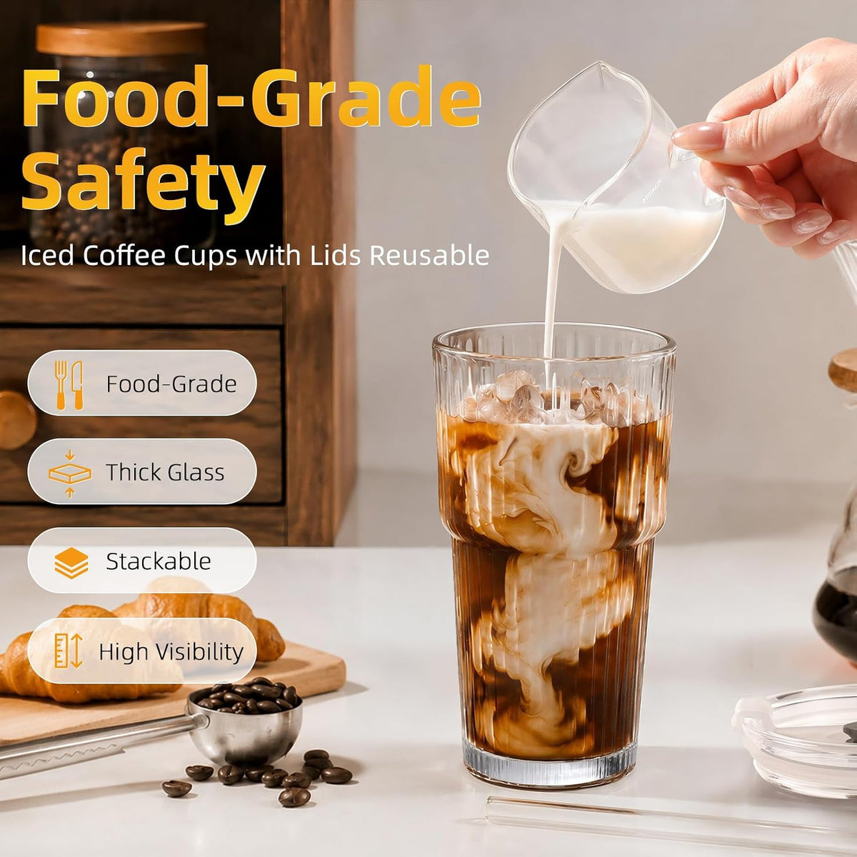 Iced Coffee Cups with Lids,Glass Cups with Lids and Straws,1 Coffee Tumbler