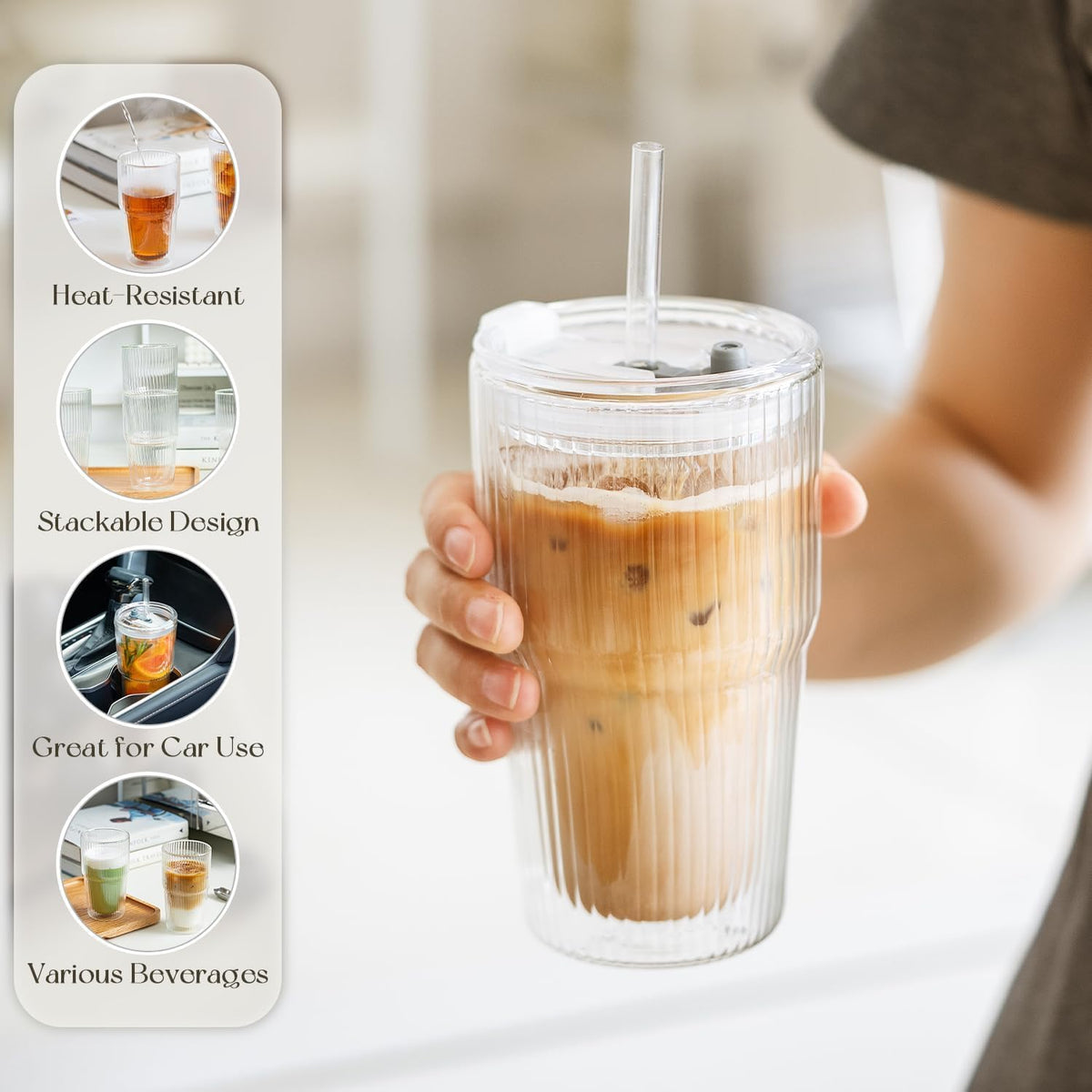 KEMORELA Double Wall Glass Tumbler,16oz Glass Tumbler with Lids and Straws