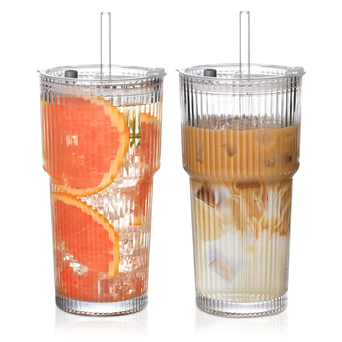 20oz Ribbed Glass Cups with Lids and Straws,1PCS Glass Tumbler with Straw and Lid,Iced Coffee Cups Drinking Glasses for Juice Whiskey Cocktail Beer