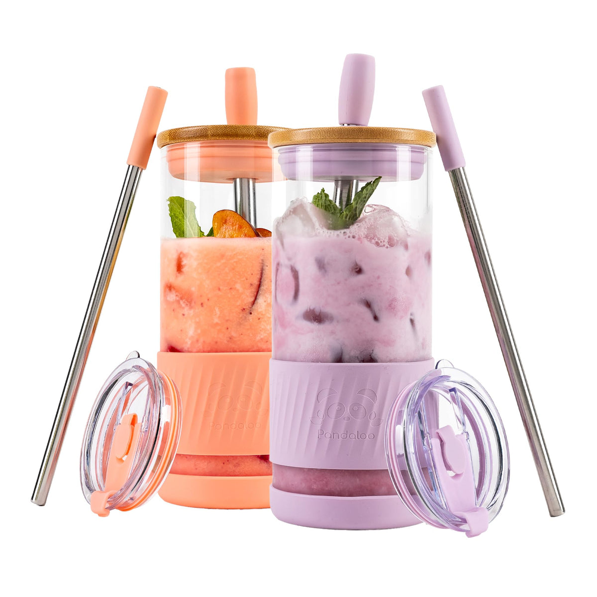 Pandaloo® Glass Cups With Lids and Straws -20 Fl Oz- Perfect Size Iced Coffee Cup - Smoothie Cup With Bamboo Lid and On the go Lid (Creamy Mushroom, 1 Count (Pack of 1)