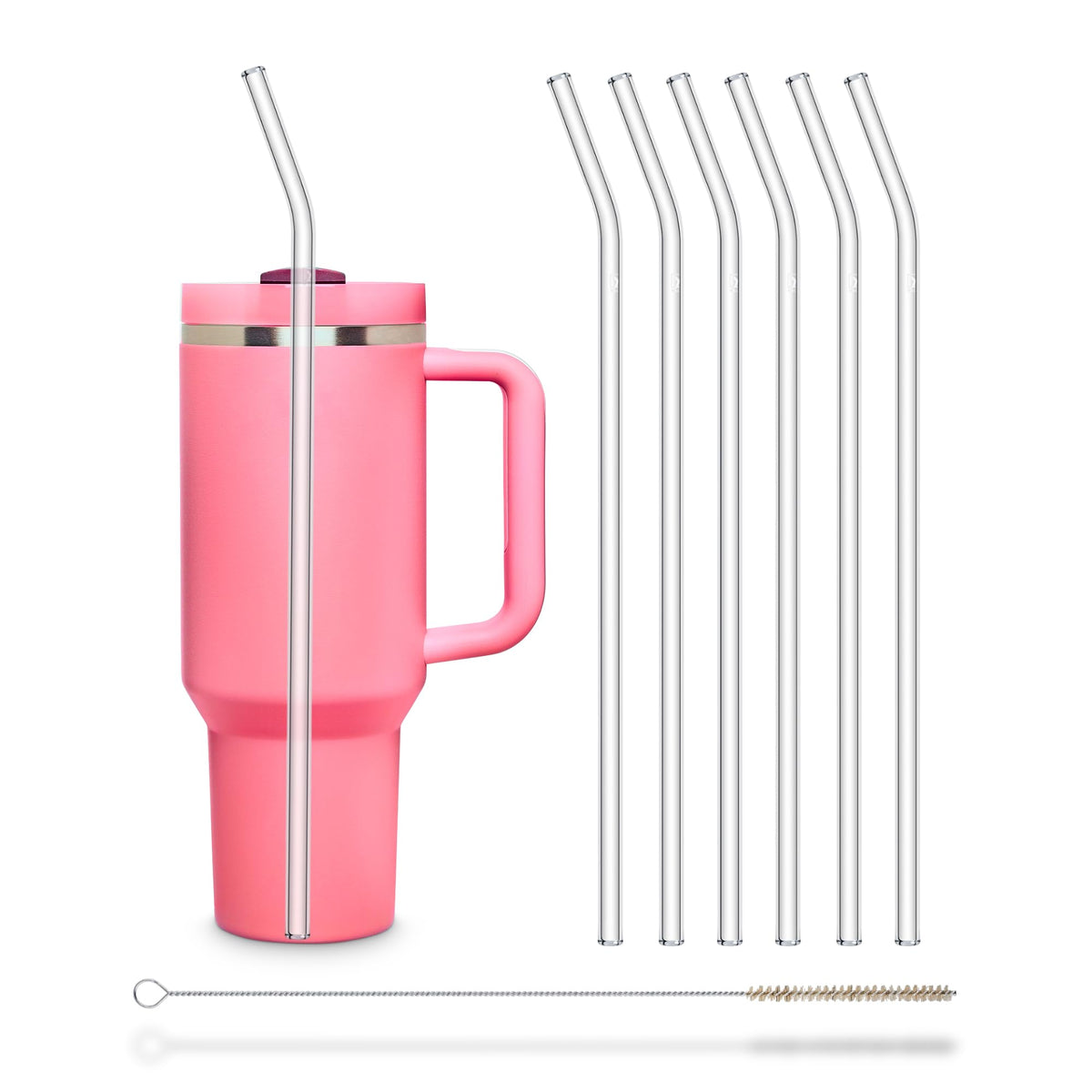 Halm Glass Straws 6x 12 inch Long Replacement Straw for Stanley Quencher Cup 40 oz & 30 oz Plastic-Free Cleaning Brush - Reusable Drinking Straw Dishwasher Safe Made in Germany