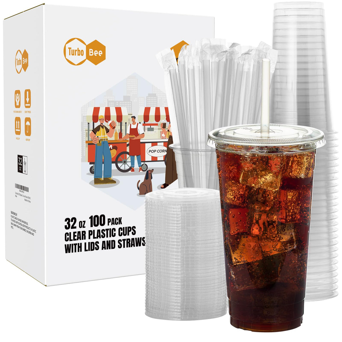 Turbo Bee 50 Sets 32 OZ Clear Plastic Cups with Lids and Straws, Disposable To Go Iced coffee cups with lids for Cold Drinks, Smoothie, and Slushie