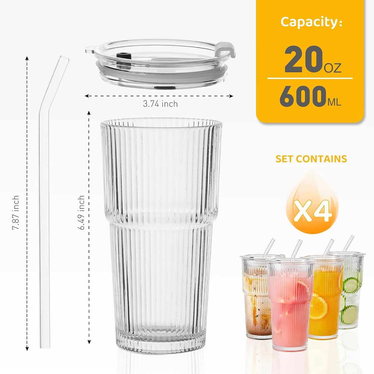 Wells 20oz Glass Cups with Lids and Straws, Ribbed Iced Coffee Cups, Thickened Drinking Glass Tumbler, Ideal for Coffee, Smoothies, Cocktails, and Juices, Clear, Set of 4