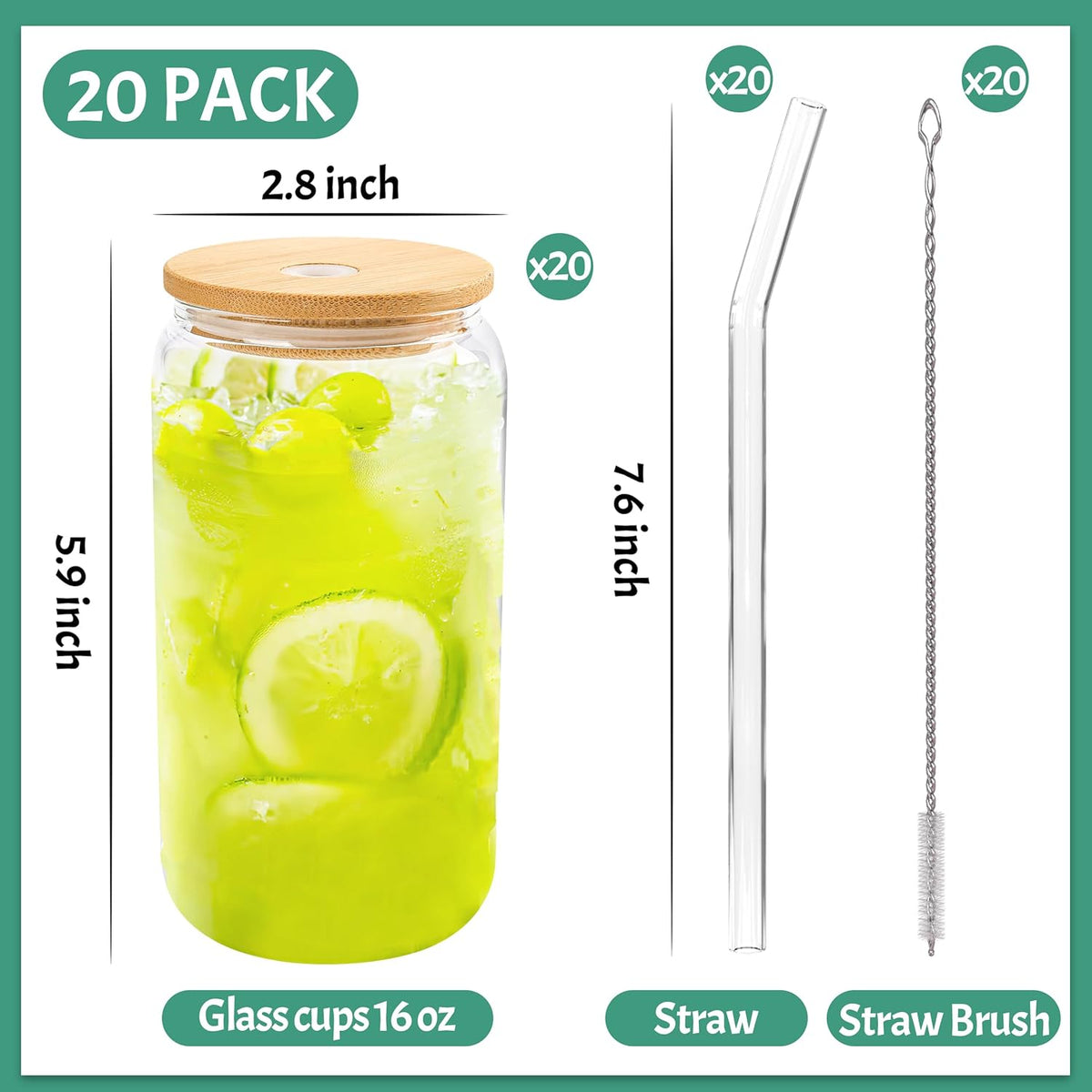 Joyclub 20Pcs Glass Cups with Bamboo Lids and Straws Bulk 16 oz Can Shaped