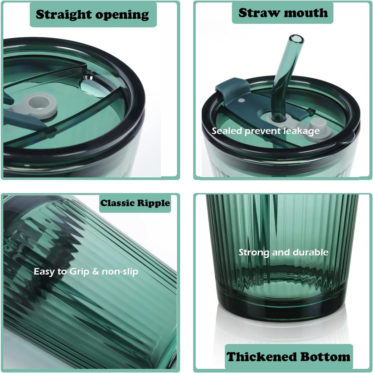Joeyan Glass Tumbler with Straw and Lid,Green Glasses Water Cup with Straw