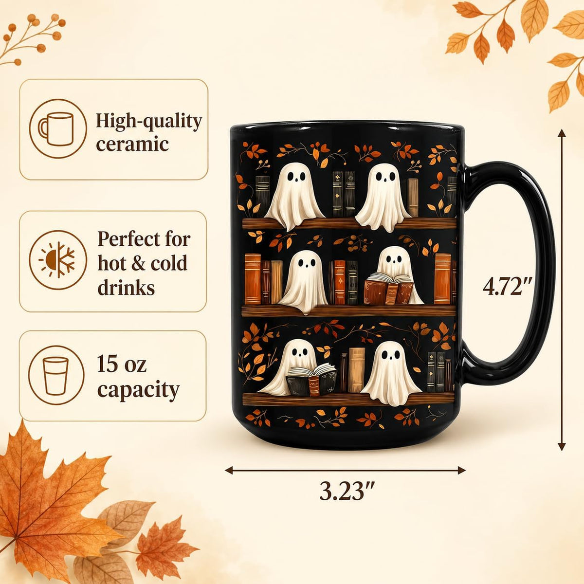 Hyturtle Cute Ghost Read Book Mug - Black Coffee Cup Ceramic Mug 15 Oz And Keychain - Book Gifts For Women Lover - Bookish Gift For Bookworm Librarian - Inspirational Librarian Present For Halloween