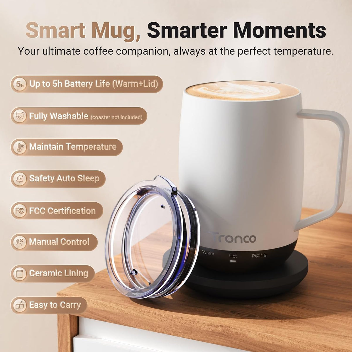 Tronco Temperature Control Heated Coffee Mug 14 oz – Rechargeable Self-Heating Coffee Cup with Lid – Manual Control, 3 Modes, 130 Min Battery Life, Auto Shut-Off (White)