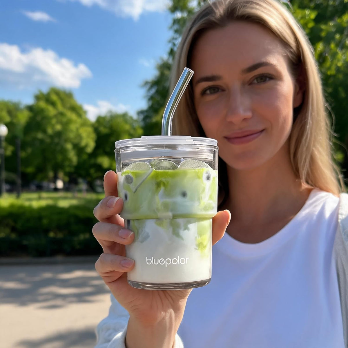 BLUEPOLAR 13oz/400ml Iced Coffee Cups with Lids and Straw，Sealed Carry On Thick Wall Glass Matcha Tumbler for Juice，Water, Late,Tea Fits Car Cup Holders for Office，Gym(Aurora White