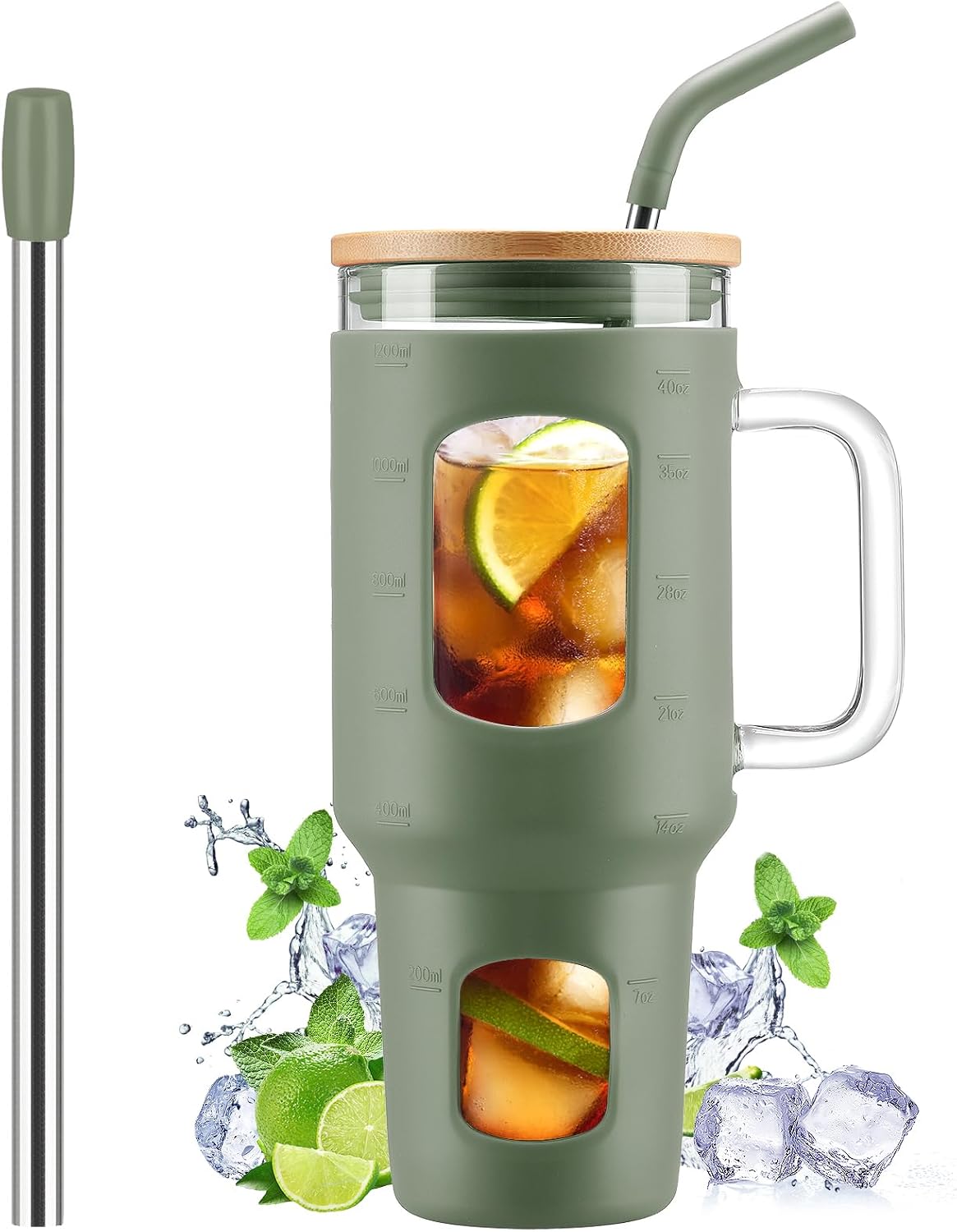 WINSA Glass Tumbler with Straw and Lid, 40 oz, Olive