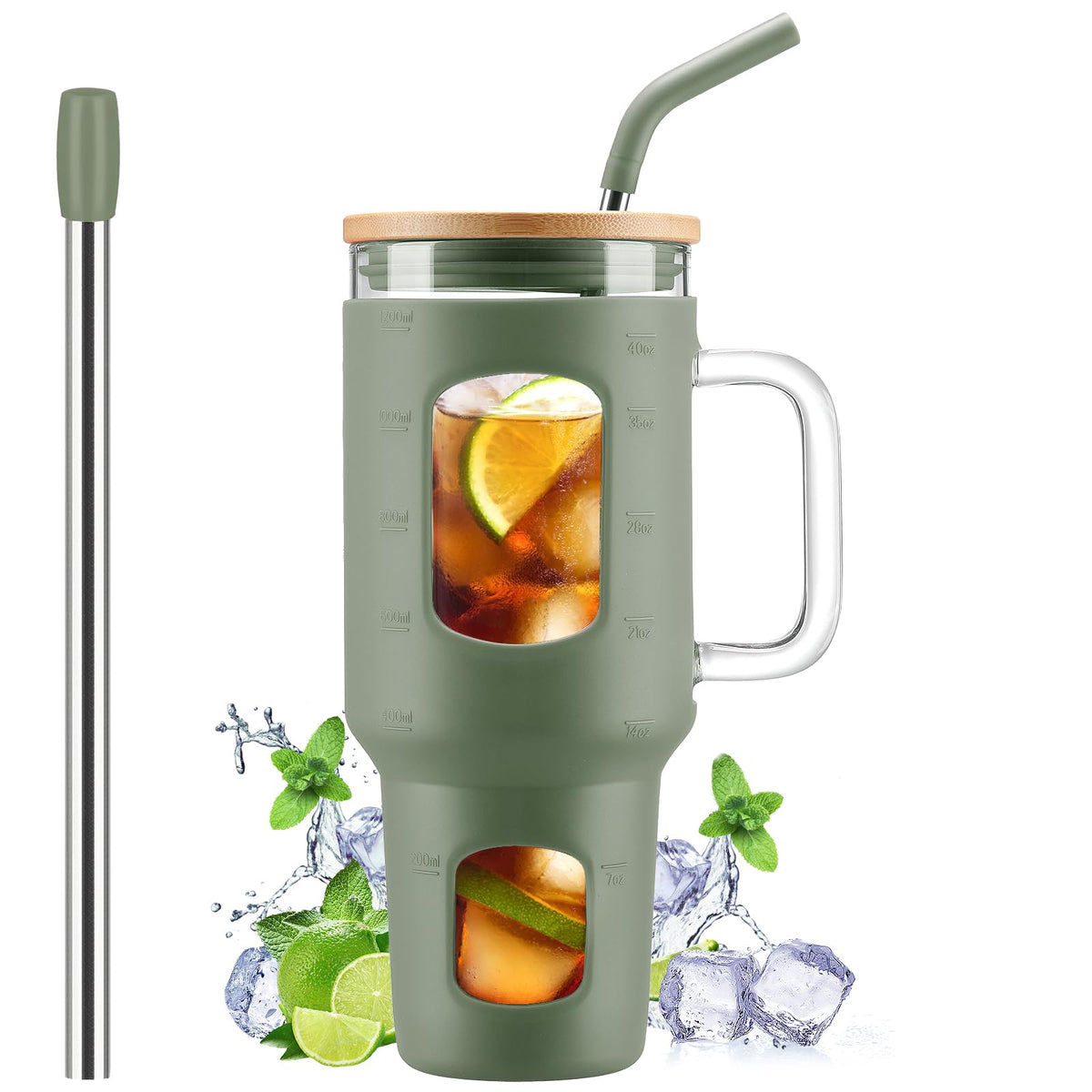WINSA Glass Tumbler with Straw and Lid, 40 oz, Olive