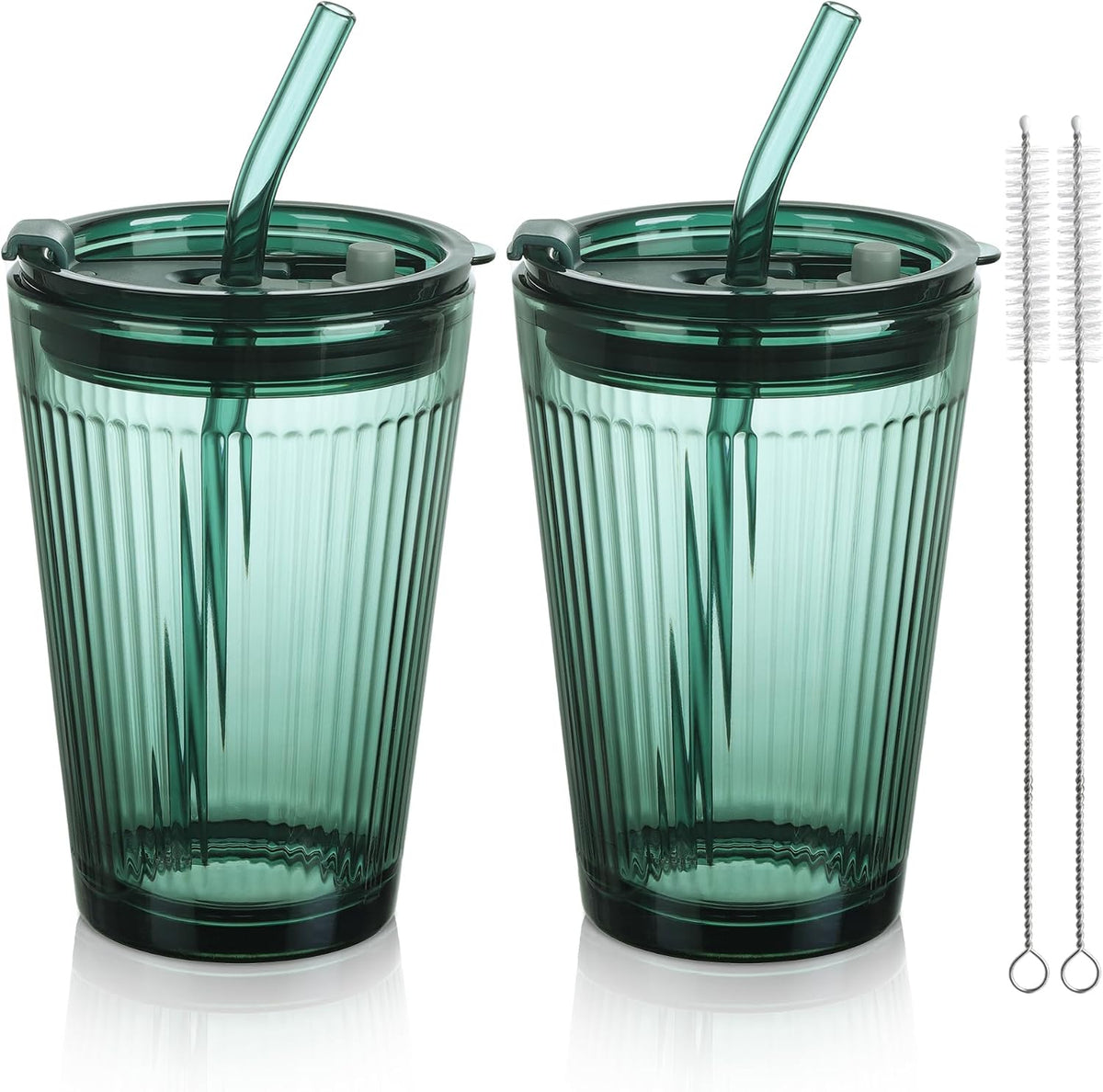 Joeyan Glass Tumbler with Straw and Lid,Green Glasses Water Cup with Straw
